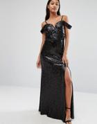 Tfnc Sweetheart Sequin Maxi Dress With Cold Shoulder - Black