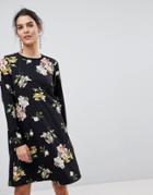 Y.a.s Floral Mini Shift Dress With Sleeve Rib Detail In Black-multi