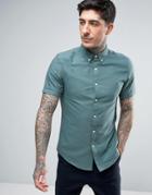 Farah Brewer Short Sleeve Shirt Oxford Slim Fit Buttondown In Sea Green - Green