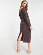 Asos Design Gold Linear Embellished Batwing Midi Dress In Mauve-purple