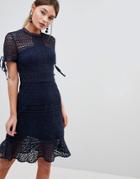 Chi Chi London All Over Lace Midi Dress With High Neck And Short Sleeve - Navy