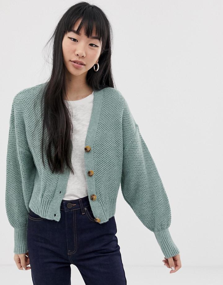 Asos Design Chunky Cardigan With Blouson Sleeve - Blue