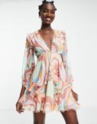 Asos Design Long Sleeve Mini Dress In Swirl Print With Circle Trims-multi