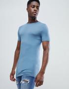 Asos Design Longline Muscle Fit T-shirt With Crew Neck In Blue - Gray