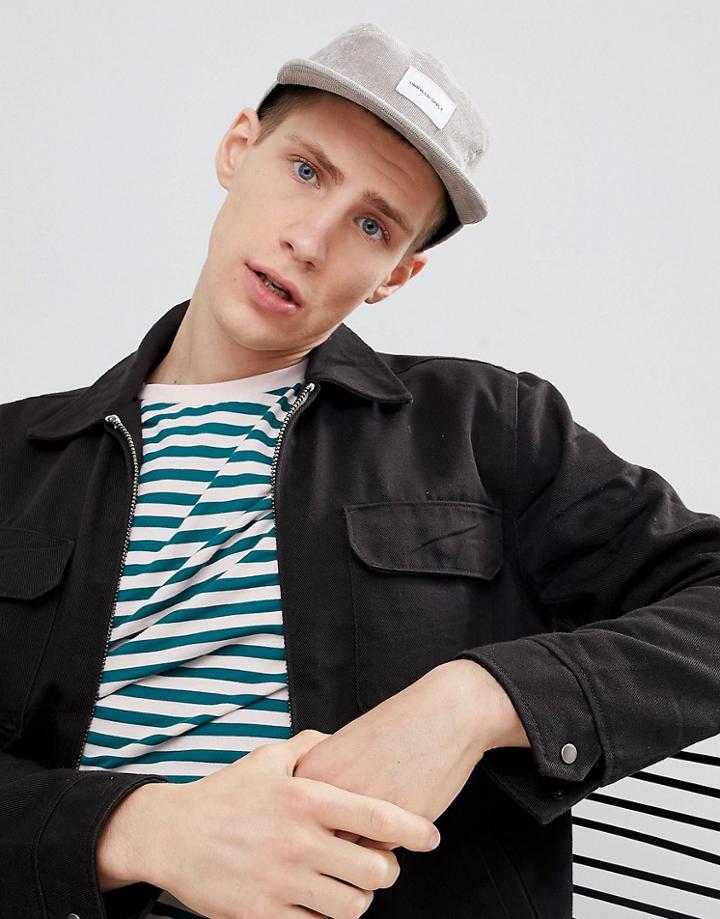 Asos Design 5 Panel Cap In Gray Cord With Badge Detail - Gray
