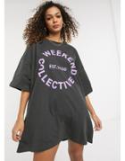 Asos Weekend Collective Oversized T-shirt Dress With Logo In Charcoal Gray-white