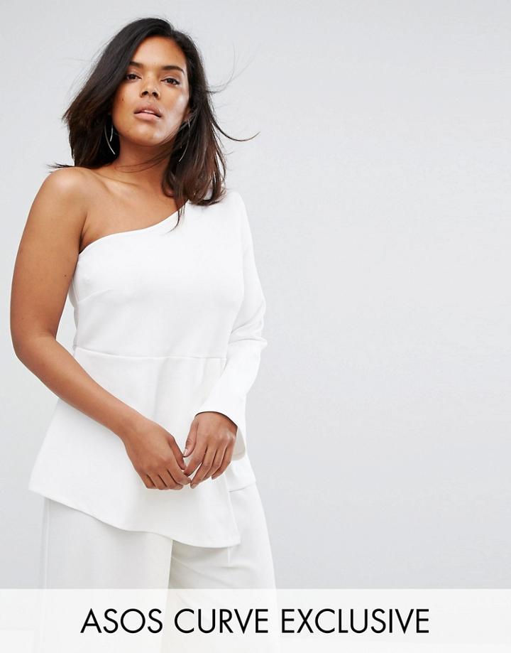 Asos Curve One Shoulder Scuba Top With Fluted Sleeve - White