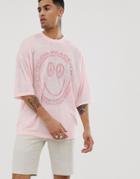 Asos Design Oversized T-shirt In Linen Look With Peace And Face Print-pink