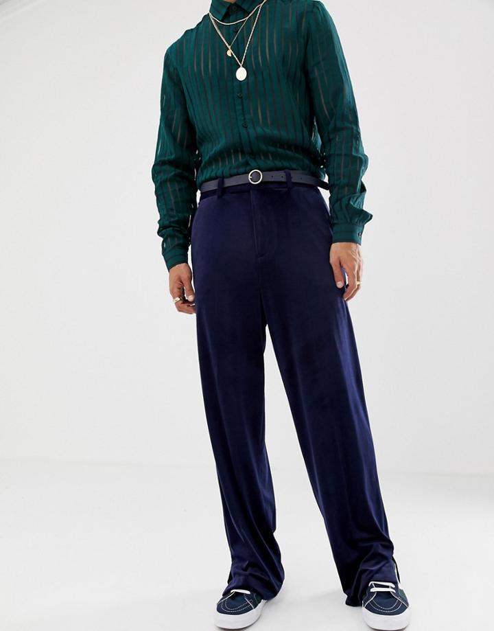 Asos Design Slouchy Suit Pants In Navy Velvet - Navy