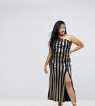 John Zack Plus One Shoulder Contrast Stripe Maxi Dress - Multi