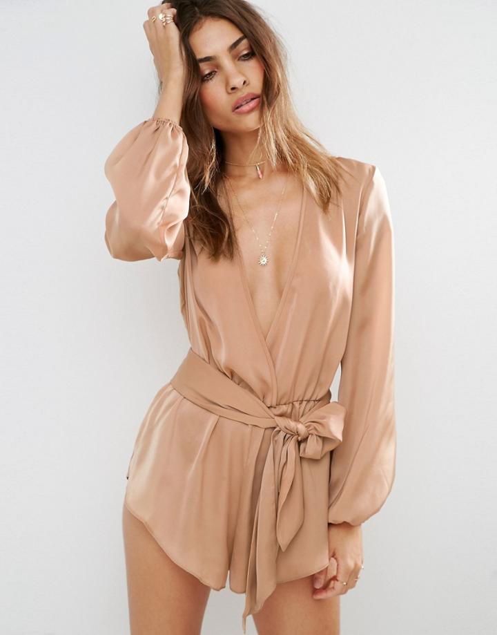 Asos Satin Beach Romper With Plunge Neck And Long Sleeves - Tan