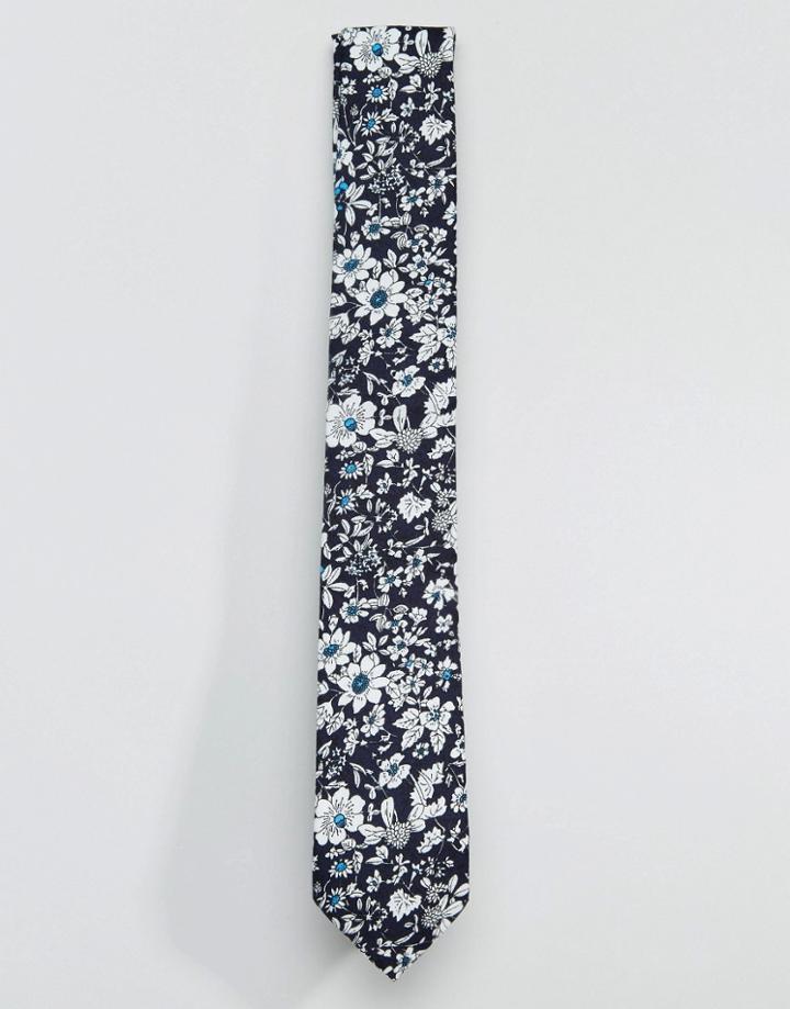 7x Tie With Floral Print - Navy