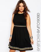 Asos Curve Skater Dress With Embroidered Ribbon Trim - Black