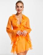 Asos Design Ruffle Mini Dress With Waist Tie And Flare Sleeve In Orange-multi