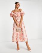 Asos Edition Puff Sleeve Midi Dress With Cut Out Back In Pink Floral Jaqcuard-multi
