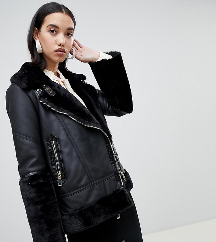 River Island Studio Leather Aviator Jacket In Black - Black