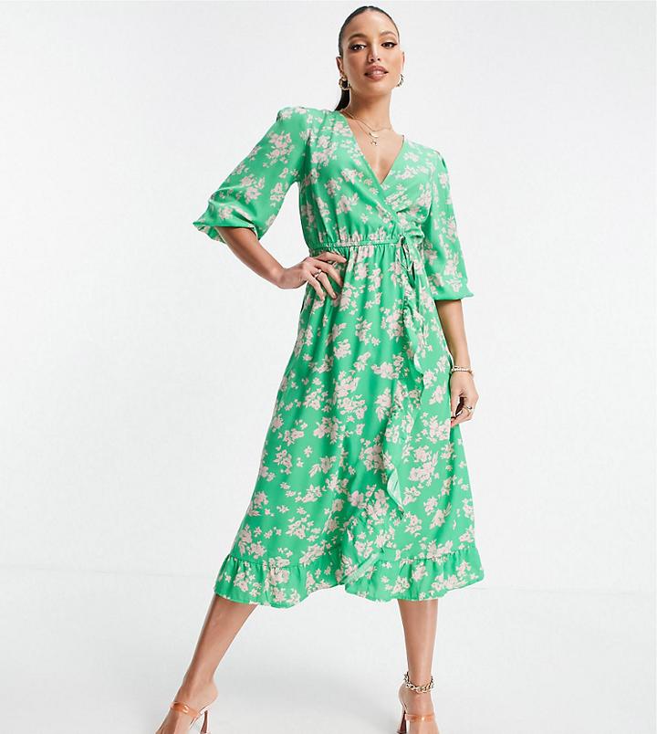 New Look Tall Floral Wrap Midi Dress In Green Pattern