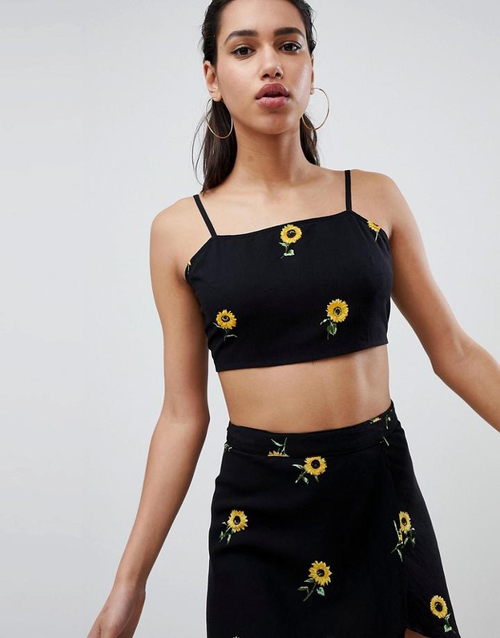 Motel Cami Crop Top With Tie Back In Mini Sunflower Co-ord - Black