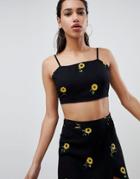 Motel Cami Crop Top With Tie Back In Mini Sunflower Co-ord - Black