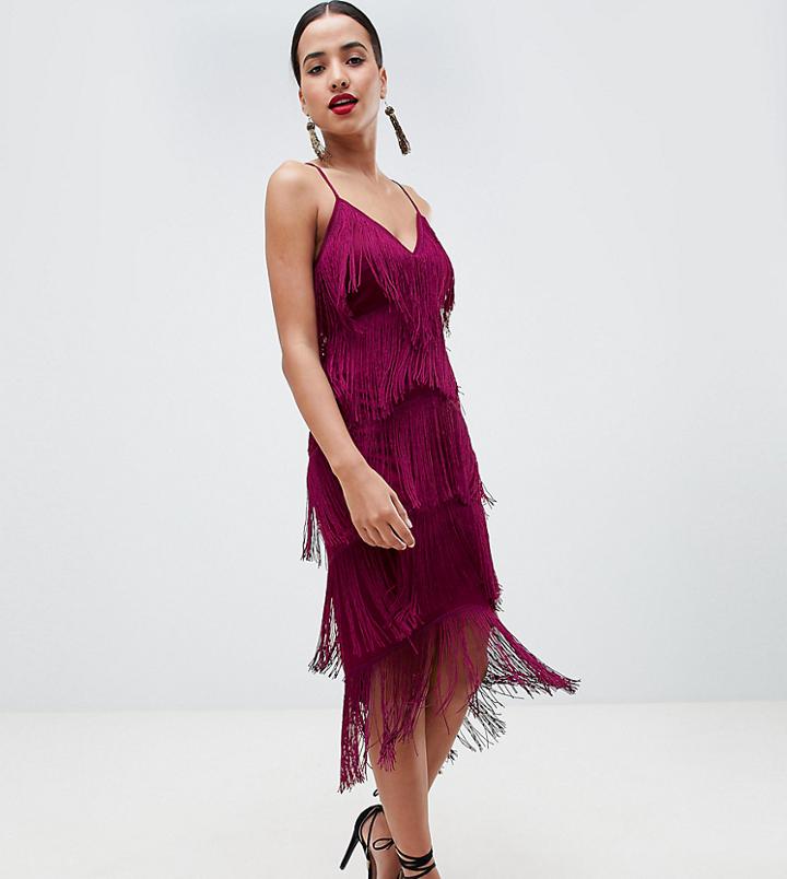 Asos Design Fringe Mesh Strappy Midi Bodycon Dress