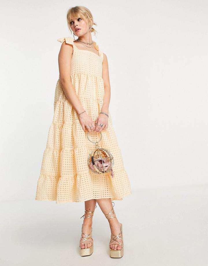 Sister Jane Tiered Midi Dress With Tie Straps In Yellow Gingham