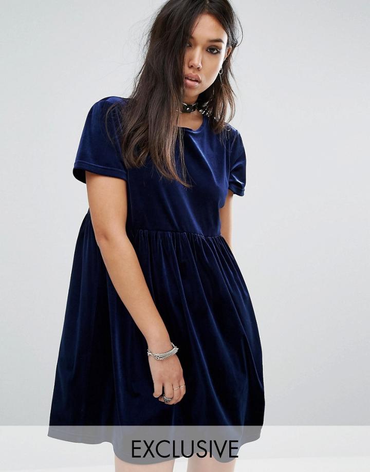 Reclaimed Vintage Velvet Smock Dress - Navy