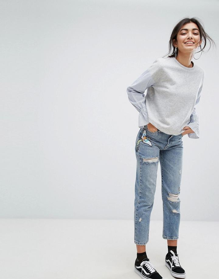 Bershka Sequin Detail Mom Jean - Blue