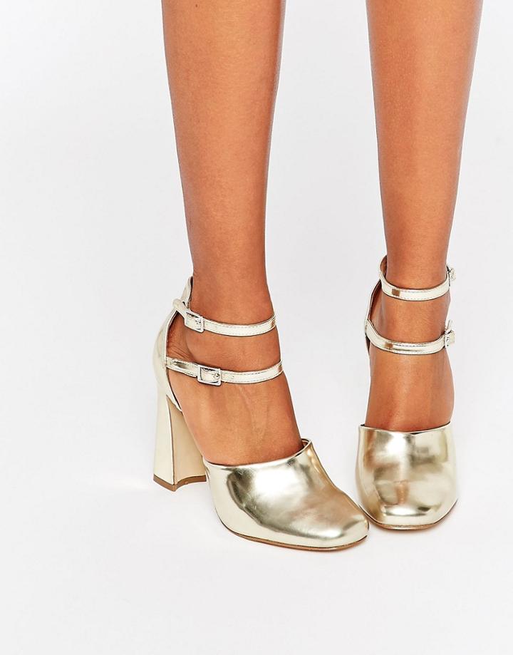 Lost Ink Dancer Double Ankle Strap Block Heeled Shoes - Gold