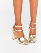 Lost Ink Dancer Double Ankle Strap Block Heeled Shoes - Gold