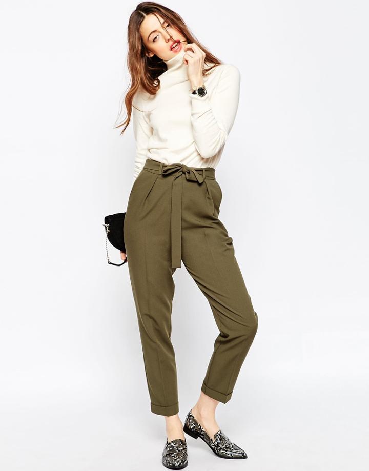 Asos Woven Peg Pants With Obi Tie - Khaki