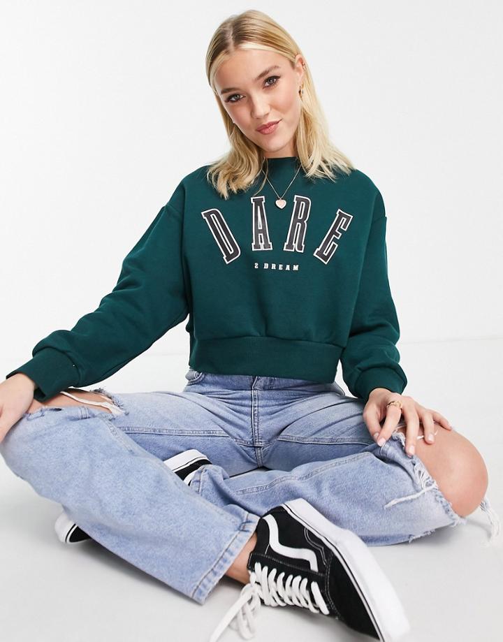 Monki Cotton Dare Slogan Sweatshirt In Dark Green - Dgreen
