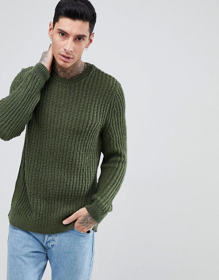 Asos Fisherman Rib Sweater In Khaki - Green