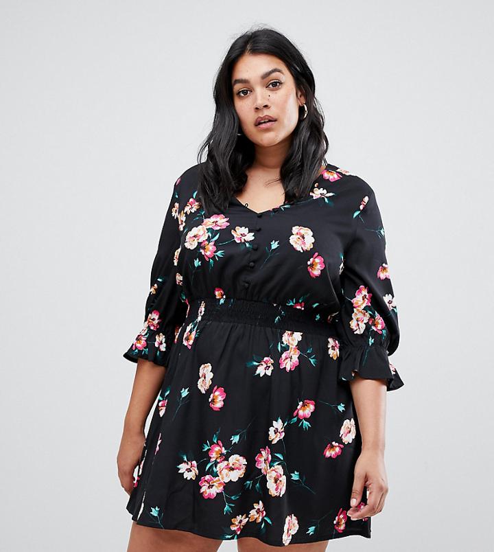 Influence Plus V Neck Floral Tea Dress With Gathered Sleeve - Black