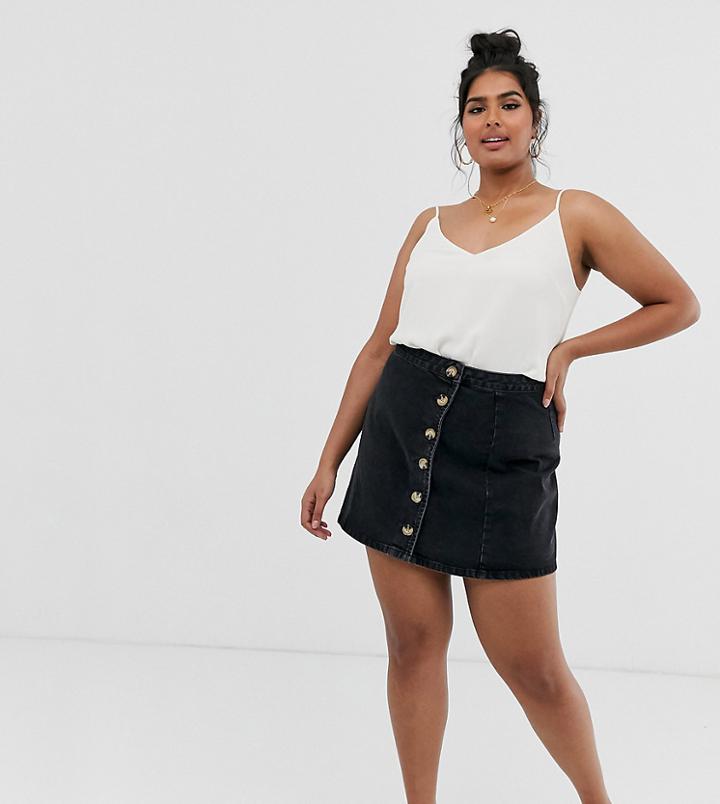 Asos Design Curve Denim Wrap Skirt With Side Buttons In Black