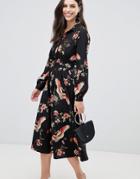 Liquorish Midi Shirt Dress With Pleated Skirt In Floral Print-black