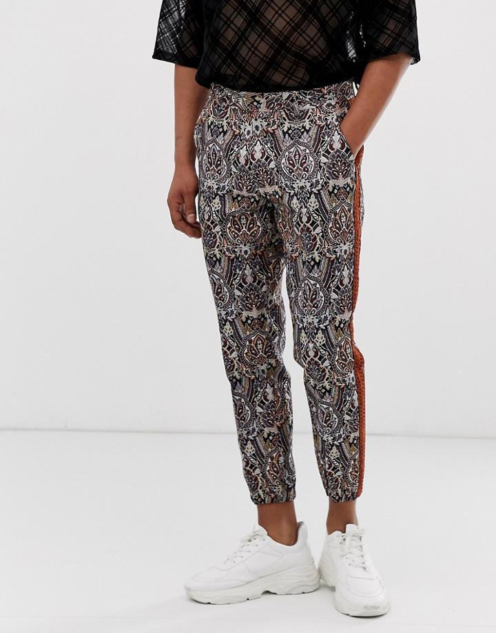 Asos Edition Slim Crop Smart Pants In Jacquard Paisley With Metallic Thread - Brown