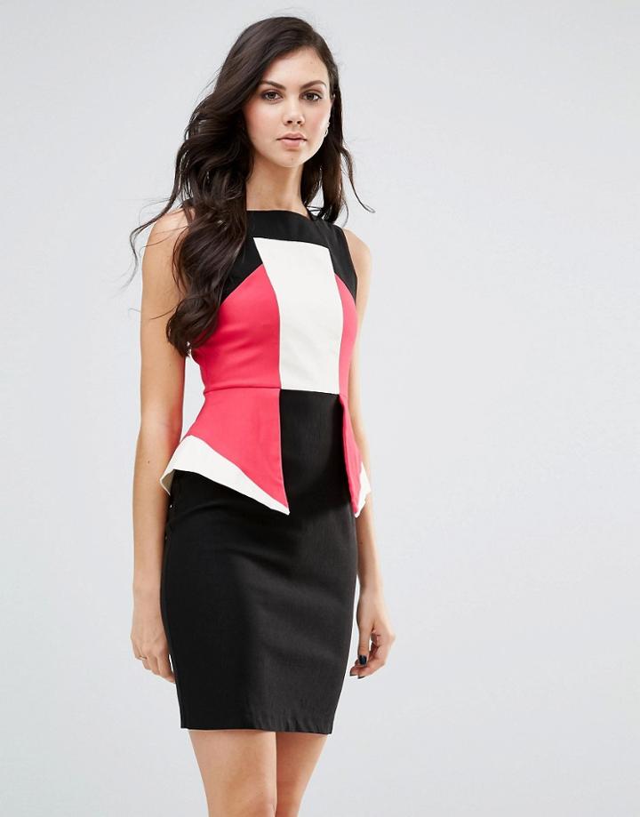 Vesper Color Block Pencil Dress With Peplum Detail - Pink