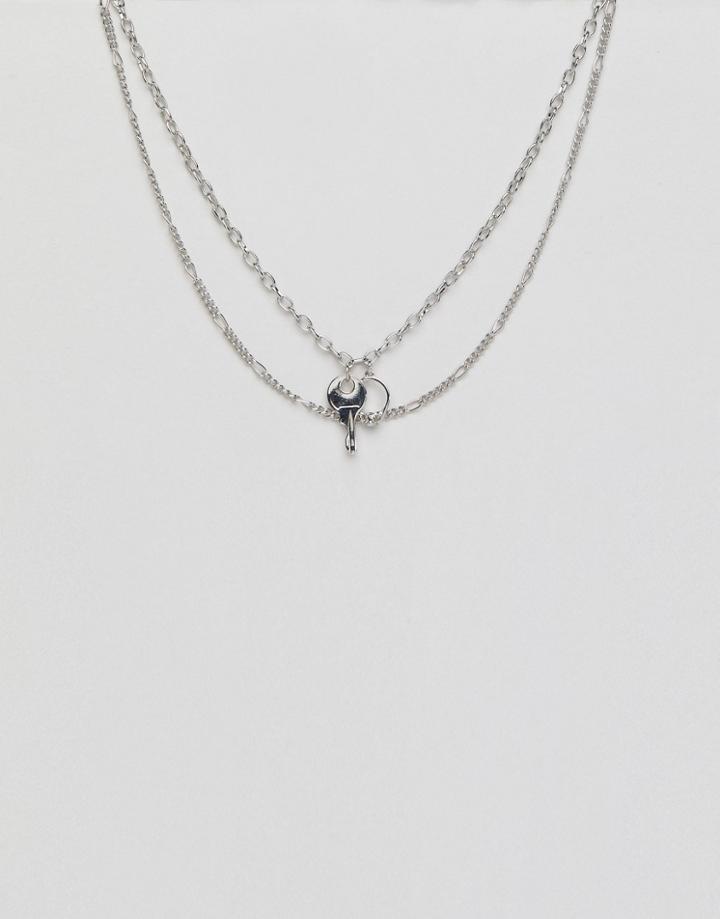 Asos Design Multirow Necklace With Key And Ring Charm In Silver - Silver
