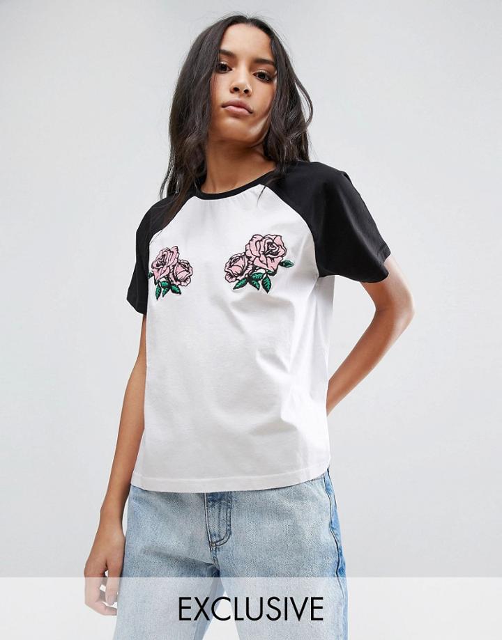 Chorus Oversized Rose Embroidery Raglan Baseball Tee - White
