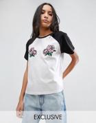 Chorus Oversized Rose Embroidery Raglan Baseball Tee - White