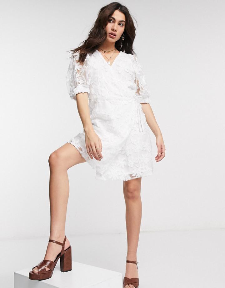 Object Wrap Organza Dress With Puff Sleeves And Sequin Details In White