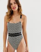 River Island Swimsuit With Square Neck In Zig Zag Print-black