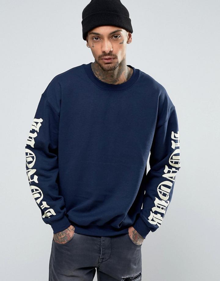 Hnr Ldn Oversized Font Sleeve Print Sweater - Navy