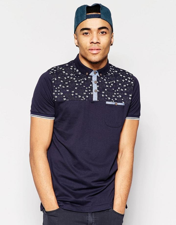 Brave Soul Contrast Chest Bird Polo - Navy