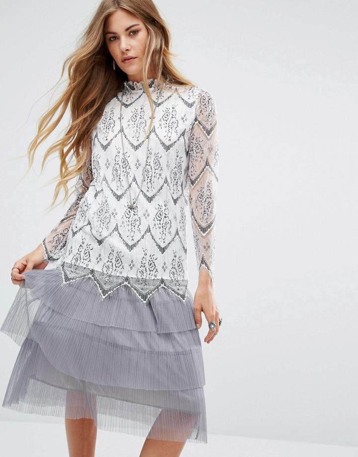 Navy London High Neck Long Sleeve Top With Sheer Sleeves And Two Tone Lace - White