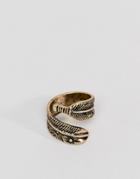 Asos Design Ring With Wrap Around Feather In Burnished Gold - Gold