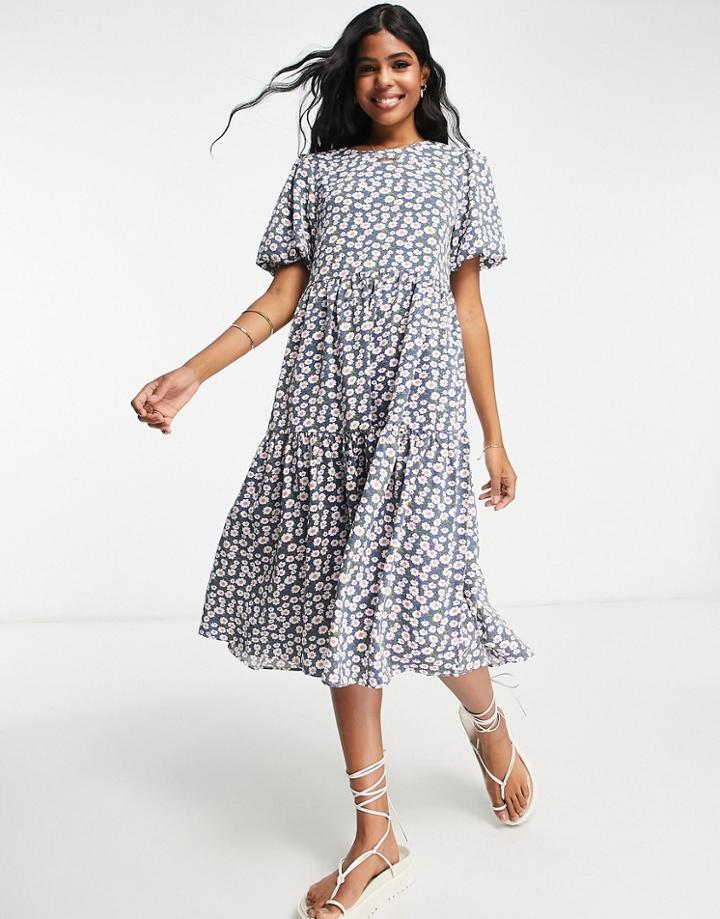Glamorous Tiered Midi Smock Dress With Tie Back In Blue Base Daisy-multi