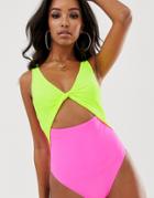 Asos Design Twist Front Color Block Swimsuit In Neon Yellow And Pink - Multi