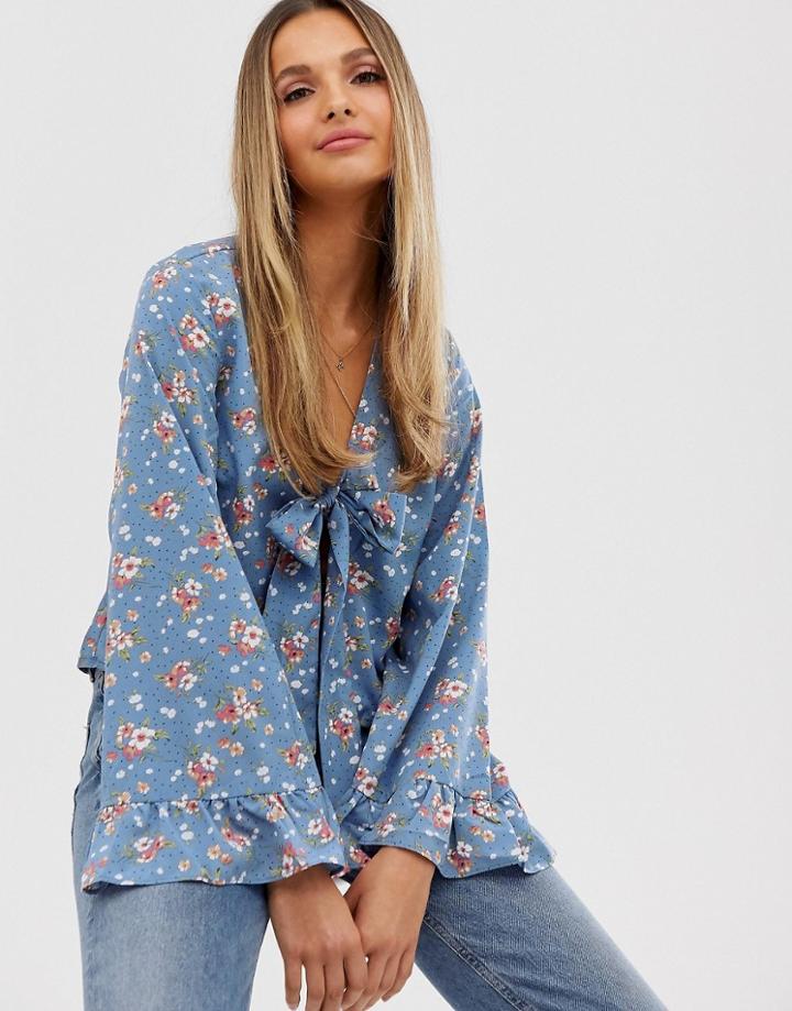 Vila Floral Tie Front Blouse-multi