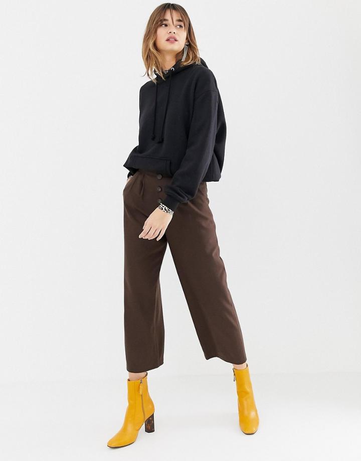 Stradivarius High Waisted Wide Leg Pants With Button Detailing - Brown